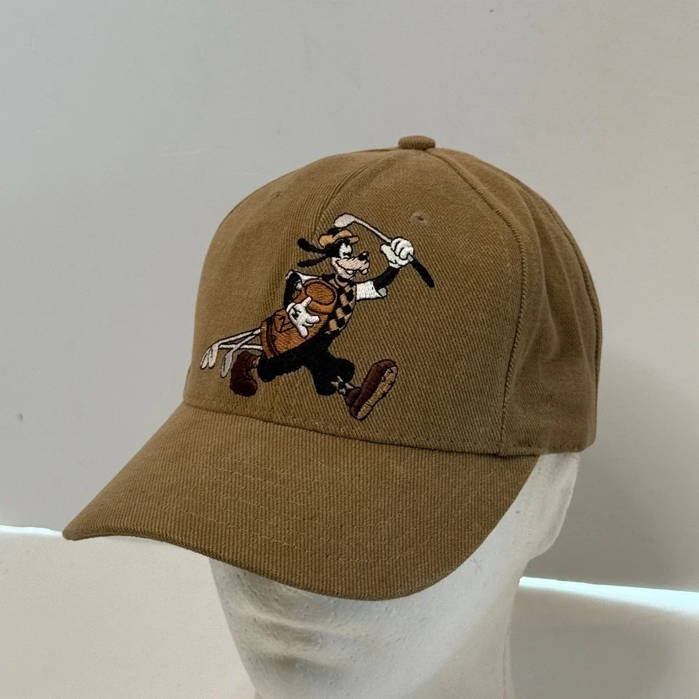 Vintage Disney Goofy Golf Hat Tan Twill Adjustable Leather Strap Baseball Cap